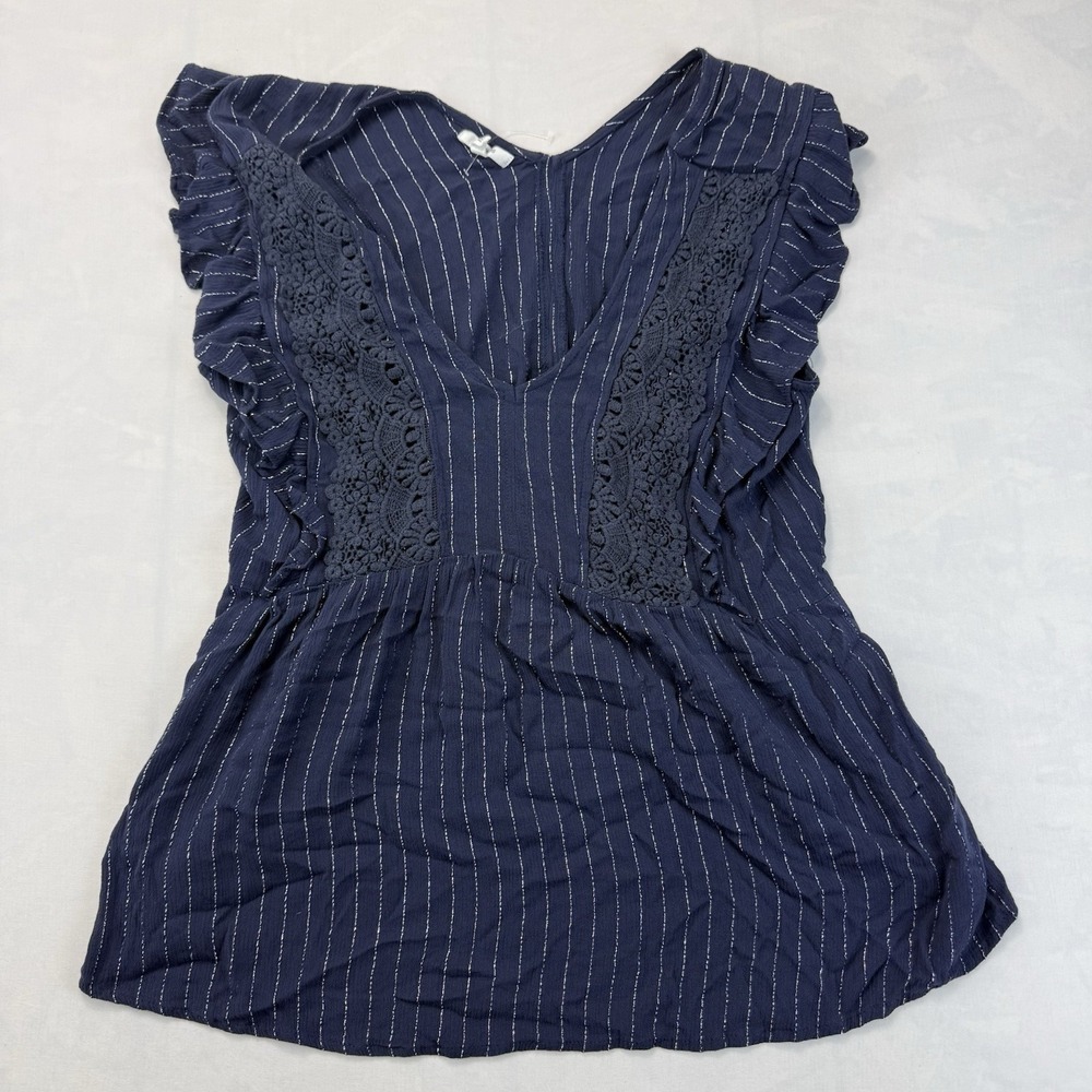 Maurices Women's Medium Navy Blue Metallic Stripe Lace Ruffle Rayon Blouse